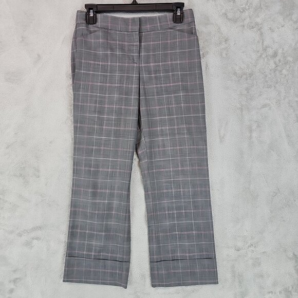 EXPRESS Editor Wool Pants Womens Size 0 Straight Crop Y2K Cuffed Gray Pink Plaid - Picture 1 of 15
